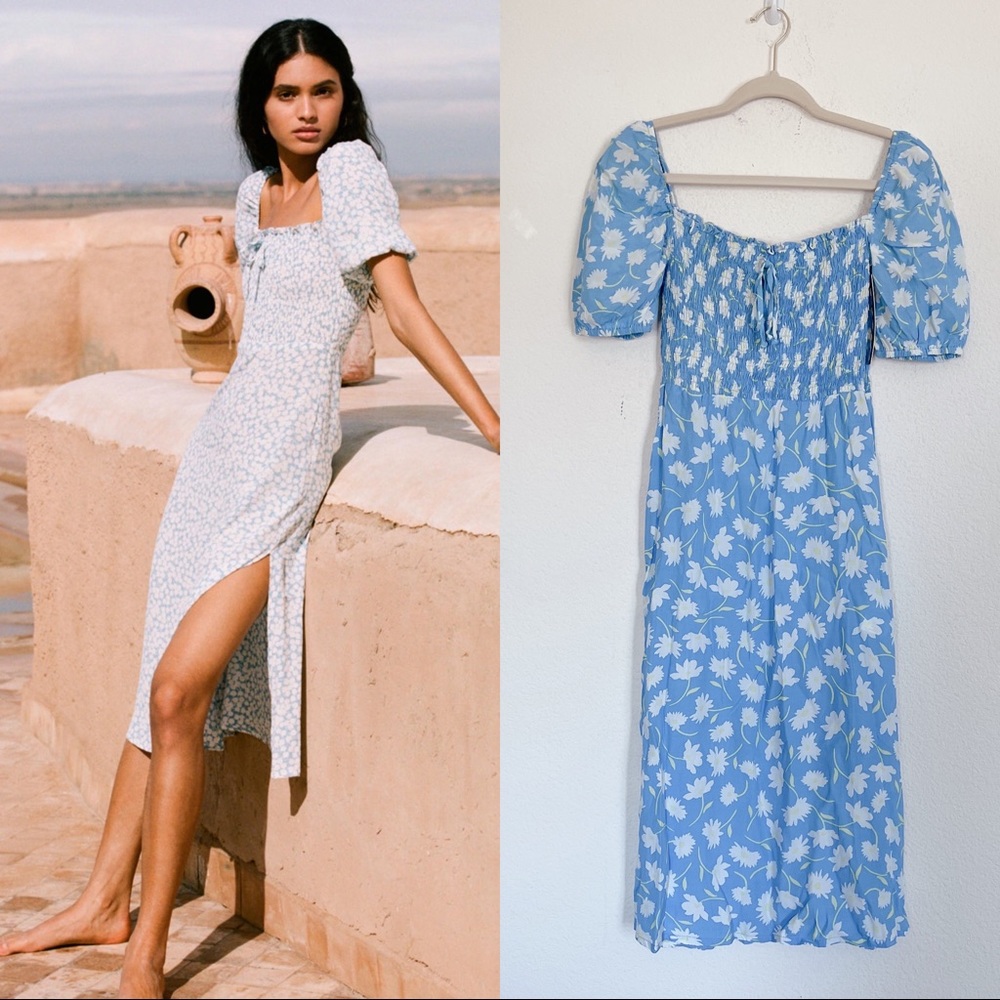 FAITHFULL THE BRAND Majorelle Shirred floral-Print Midi Dress size M